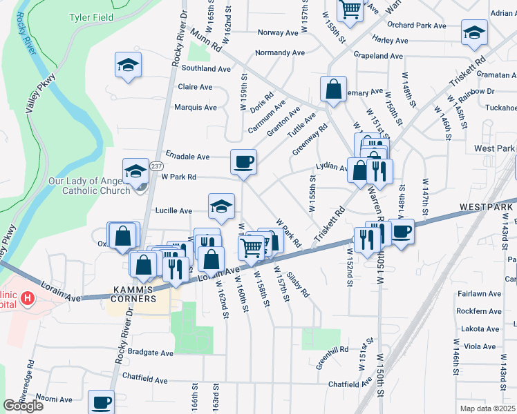 map of restaurants, bars, coffee shops, grocery stores, and more near 3668 West Park Road in Cleveland
