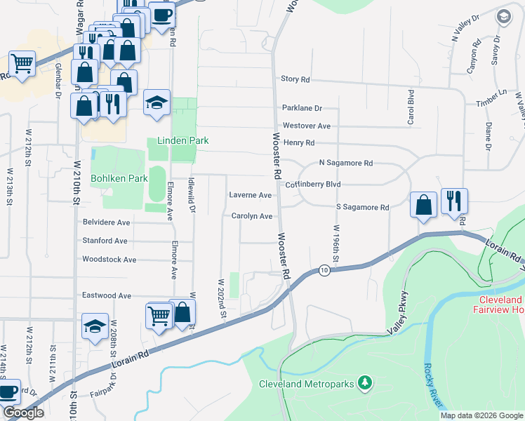 map of restaurants, bars, coffee shops, grocery stores, and more near 19982 Carolyn Avenue in Rocky River