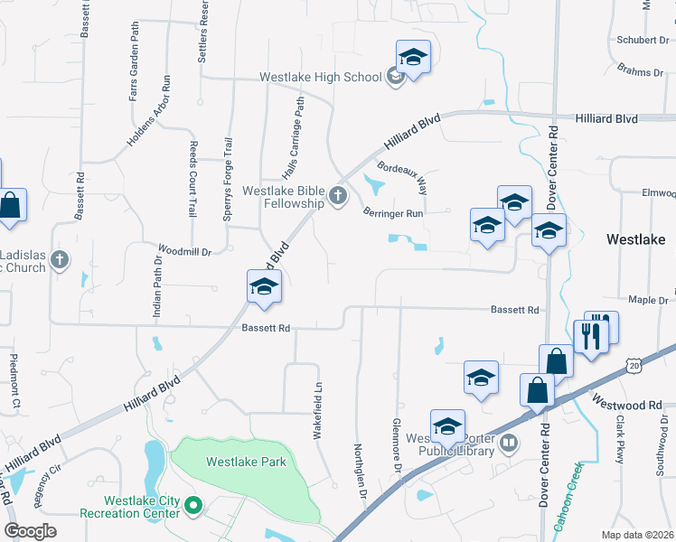 map of restaurants, bars, coffee shops, grocery stores, and more near 2349 Brigadoon Court in Westlake