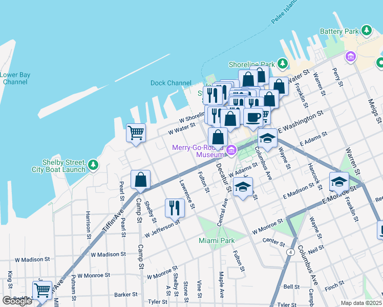 map of restaurants, bars, coffee shops, grocery stores, and more near 211 Fulton Street in Sandusky