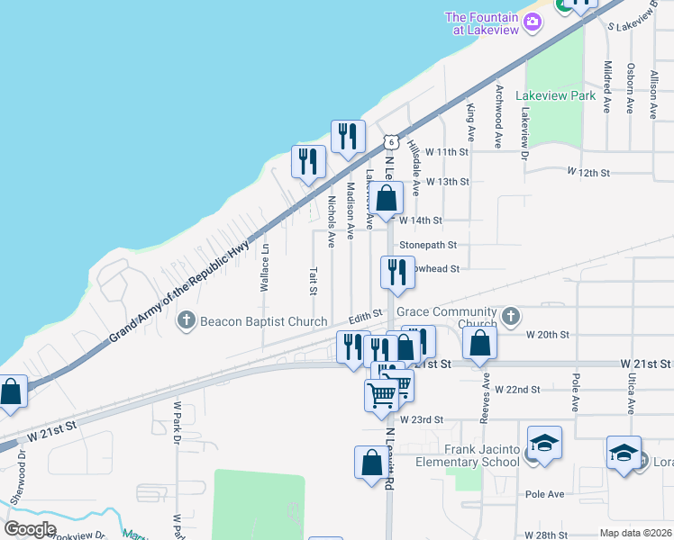 map of restaurants, bars, coffee shops, grocery stores, and more near 1720 Madison Avenue in Lorain