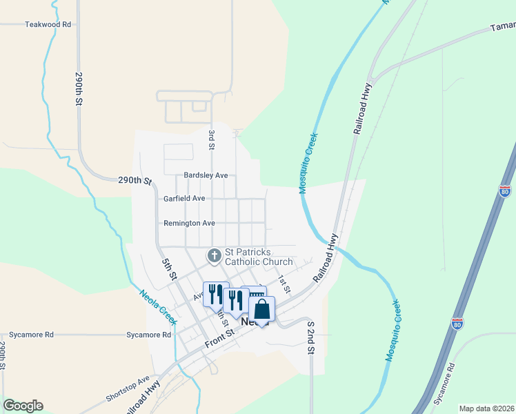 map of restaurants, bars, coffee shops, grocery stores, and more near 506 2nd Street in Neola