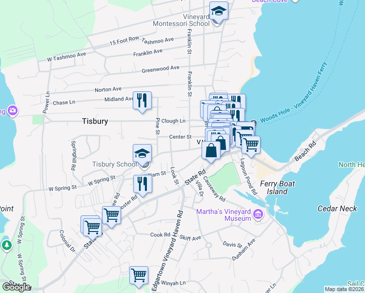 map of restaurants, bars, coffee shops, grocery stores, and more near 85 Spring Street in Vineyard Haven