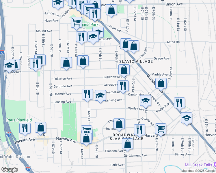 map of restaurants, bars, coffee shops, grocery stores, and more near 6816 Gertrude Avenue in Cleveland