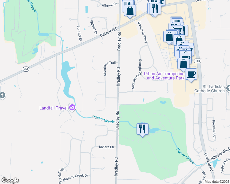 map of restaurants, bars, coffee shops, grocery stores, and more near 2366 Bradley Road in Westlake