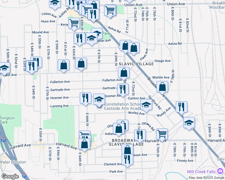 map of restaurants, bars, coffee shops, grocery stores, and more near 6910 Gertrude Avenue in Cleveland