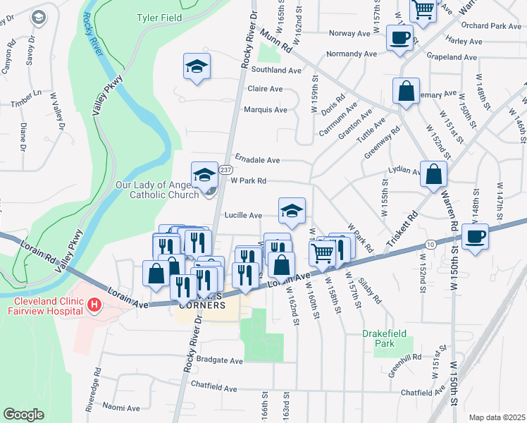 map of restaurants, bars, coffee shops, grocery stores, and more near 16405 Lucille Avenue in Cleveland