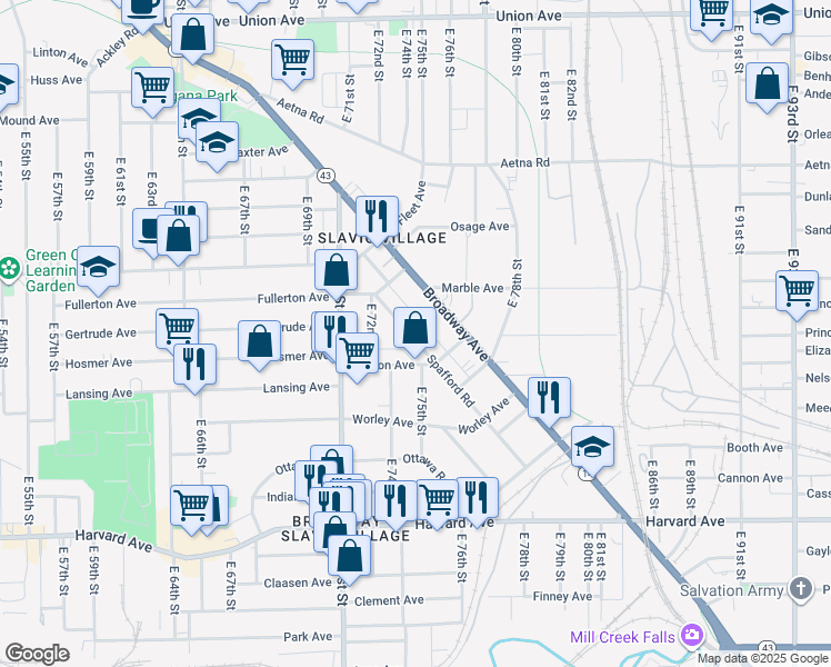 map of restaurants, bars, coffee shops, grocery stores, and more near 7604 Spafford Road in Cleveland