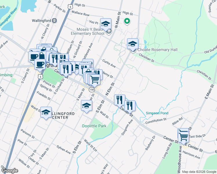 map of restaurants, bars, coffee shops, grocery stores, and more near 28 North Elm Street in Wallingford