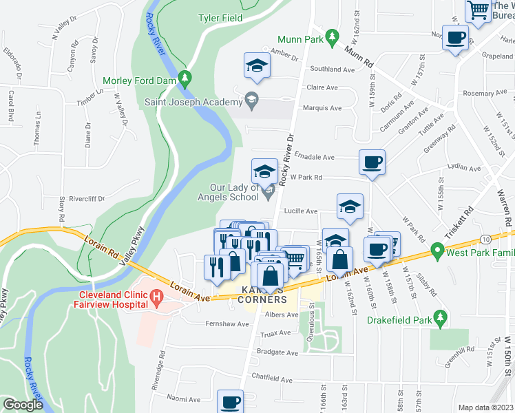 map of restaurants, bars, coffee shops, grocery stores, and more near 3644 Rocky River Drive in Cleveland