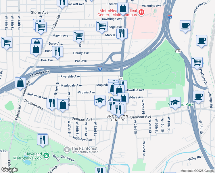 map of restaurants, bars, coffee shops, grocery stores, and more near 3111 Mapledale Avenue in Cleveland