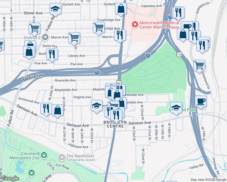 map of restaurants, bars, coffee shops, grocery stores, and more near 3718 Pearl Road in Cleveland