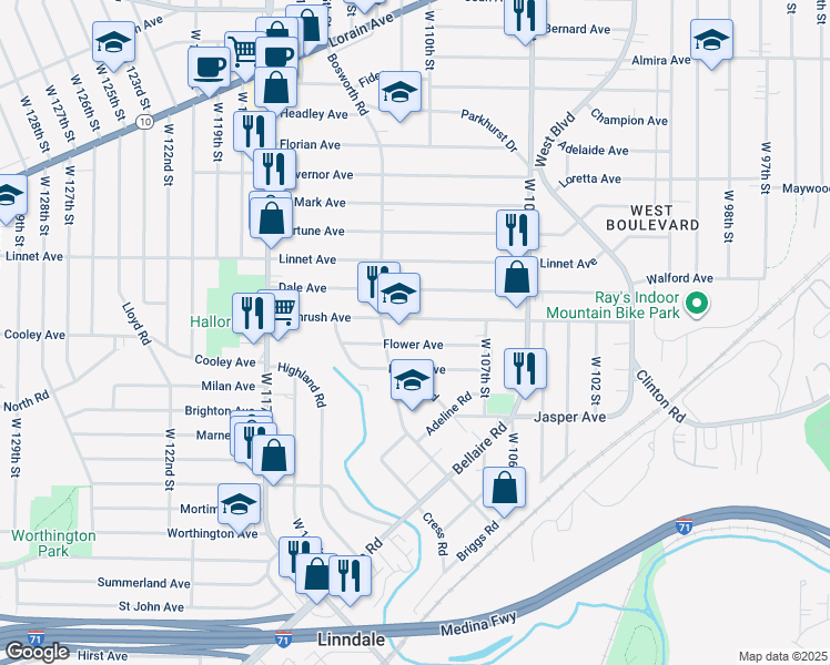 map of restaurants, bars, coffee shops, grocery stores, and more near 3595 Bosworth Road in Cleveland