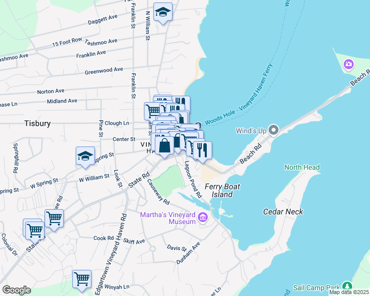 map of restaurants, bars, coffee shops, grocery stores, and more near 6 Water Street in Tisbury