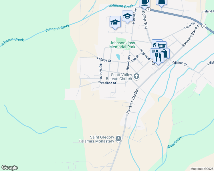 map of restaurants, bars, coffee shops, grocery stores, and more near Woodland Street in Etna