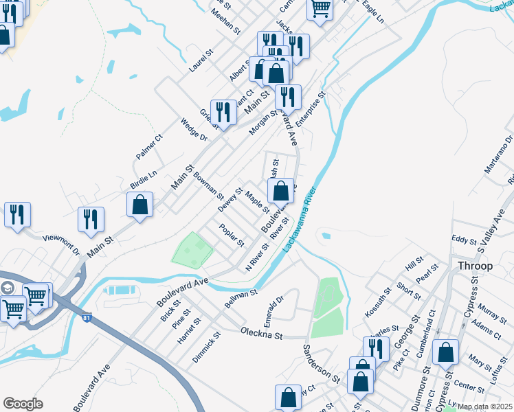 map of restaurants, bars, coffee shops, grocery stores, and more near 219 Maple Street in Dickson City