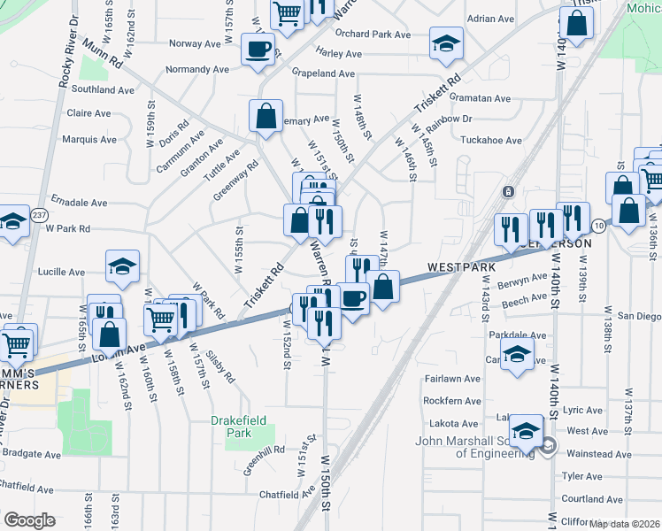 map of restaurants, bars, coffee shops, grocery stores, and more near 3727 Warren Road in Cleveland
