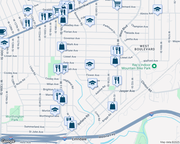 map of restaurants, bars, coffee shops, grocery stores, and more near 3595 Bosworth Road in Cleveland