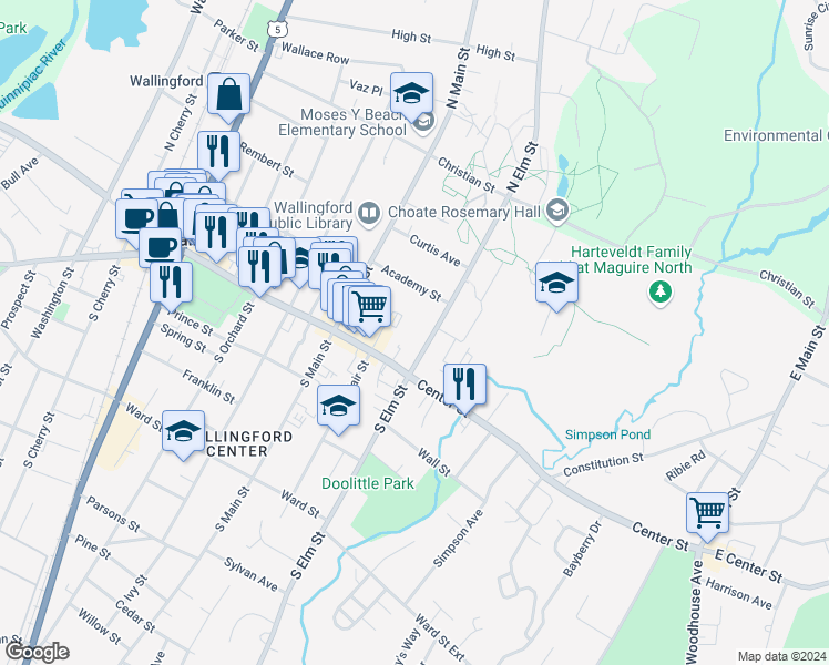 map of restaurants, bars, coffee shops, grocery stores, and more near 35 North Elm Street in Wallingford