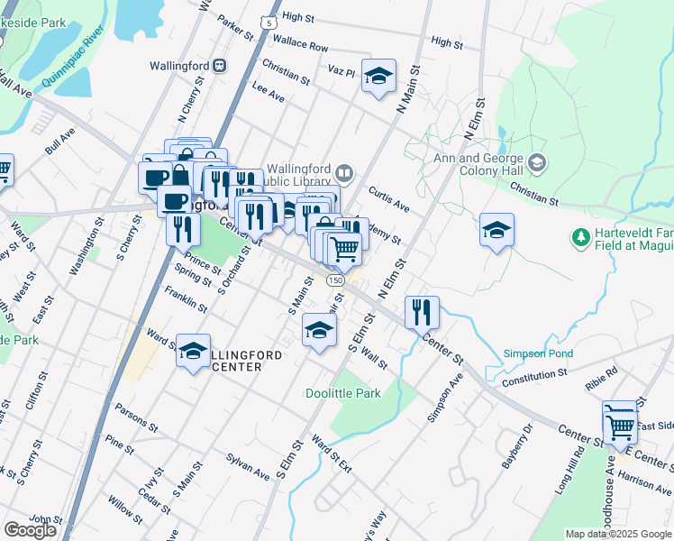 map of restaurants, bars, coffee shops, grocery stores, and more near 350 Center Street in Wallingford