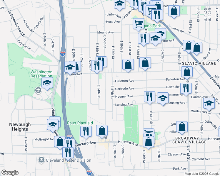 map of restaurants, bars, coffee shops, grocery stores, and more near 3826 East 55th Street in Cleveland