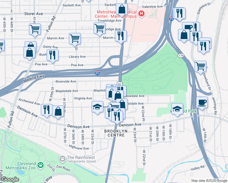 map of restaurants, bars, coffee shops, grocery stores, and more near 3718 Pearl Road in Cleveland