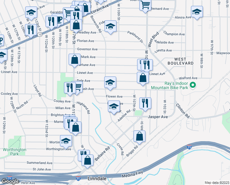 map of restaurants, bars, coffee shops, grocery stores, and more near 11017 Flower Avenue in Cleveland