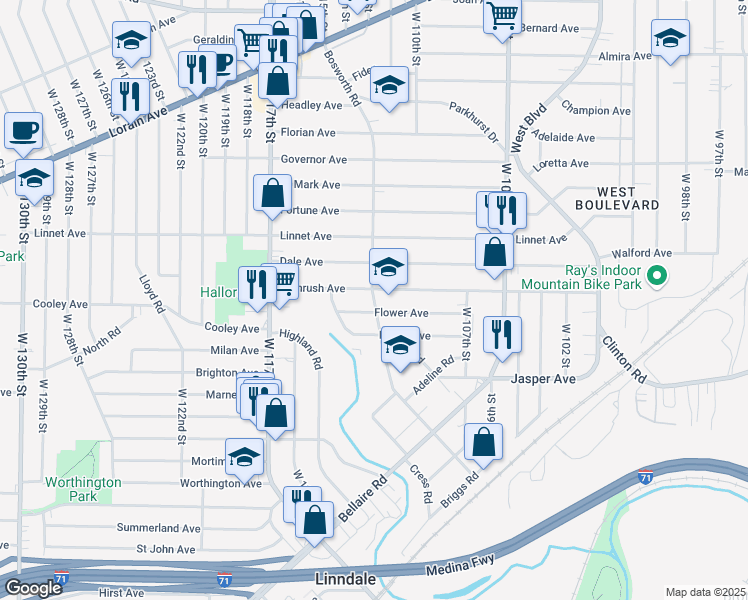 map of restaurants, bars, coffee shops, grocery stores, and more near 11216 Flower Avenue in Cleveland