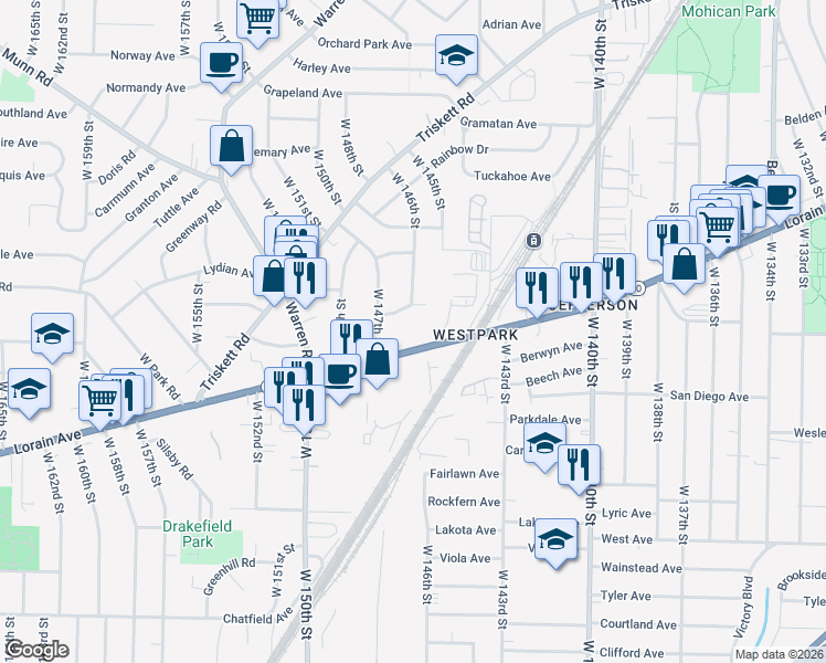 map of restaurants, bars, coffee shops, grocery stores, and more near 3621 West 147th Street in Cleveland