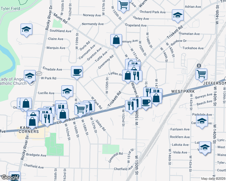 map of restaurants, bars, coffee shops, grocery stores, and more near 3647 West 155th Street in Cleveland