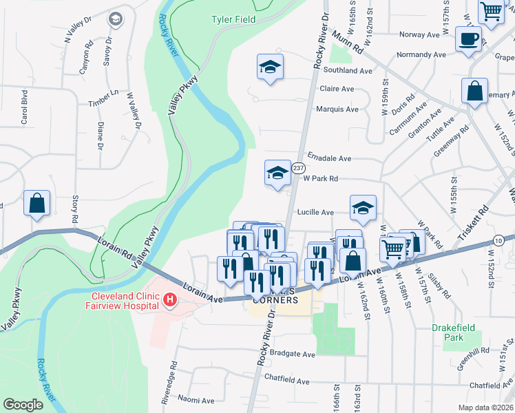 map of restaurants, bars, coffee shops, grocery stores, and more near 3644 Rocky River Drive in Cleveland