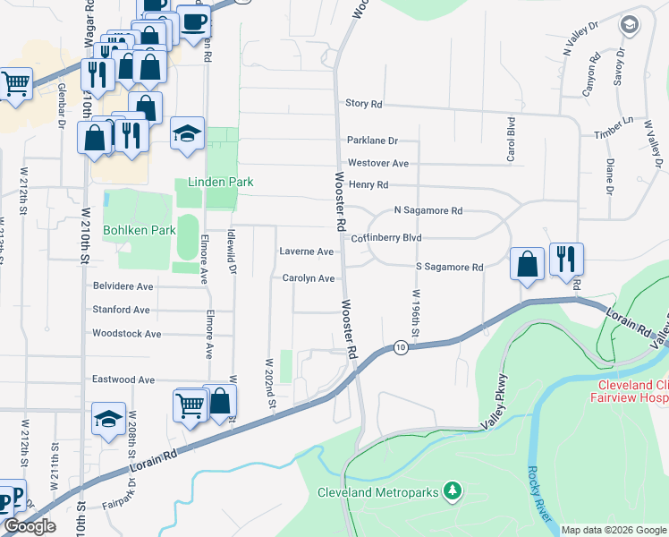 map of restaurants, bars, coffee shops, grocery stores, and more near 19982 Carolyn Avenue in Rocky River
