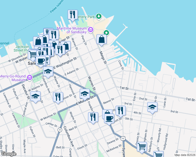 map of restaurants, bars, coffee shops, grocery stores, and more near 536 Perry Street in Sandusky