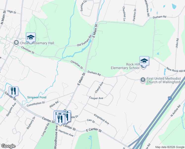 map of restaurants, bars, coffee shops, grocery stores, and more near 805 Durham Road in Wallingford