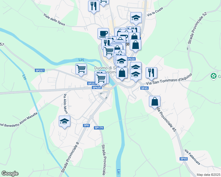 map of restaurants, bars, coffee shops, grocery stores, and more near 108 Strada Provinciale Leuciana in Pontecorvo