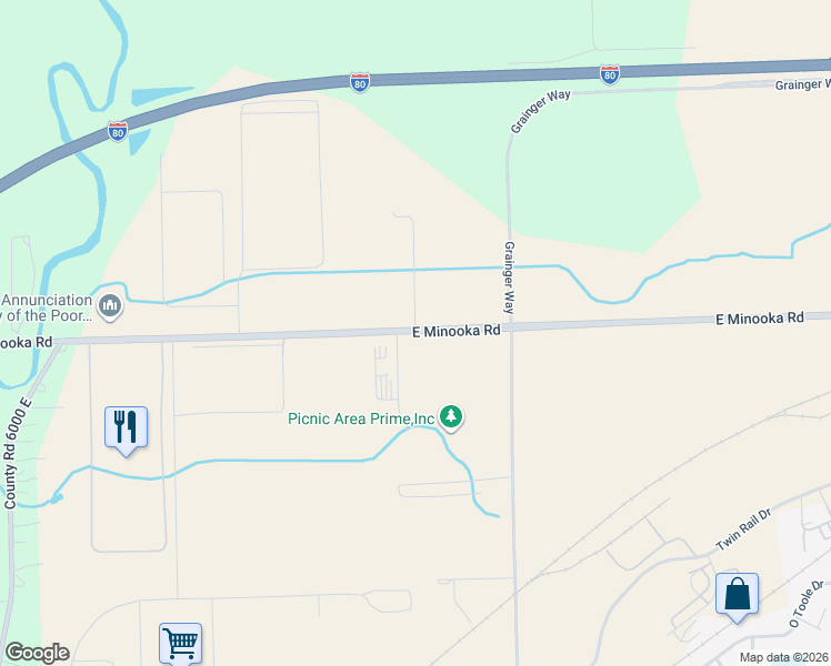 map of restaurants, bars, coffee shops, grocery stores, and more near 6070 East Minooka Road in Minooka