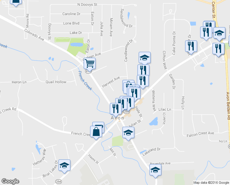 map of restaurants, bars, coffee shops, grocery stores, and more near 37244 Colorado Avenue in Avon