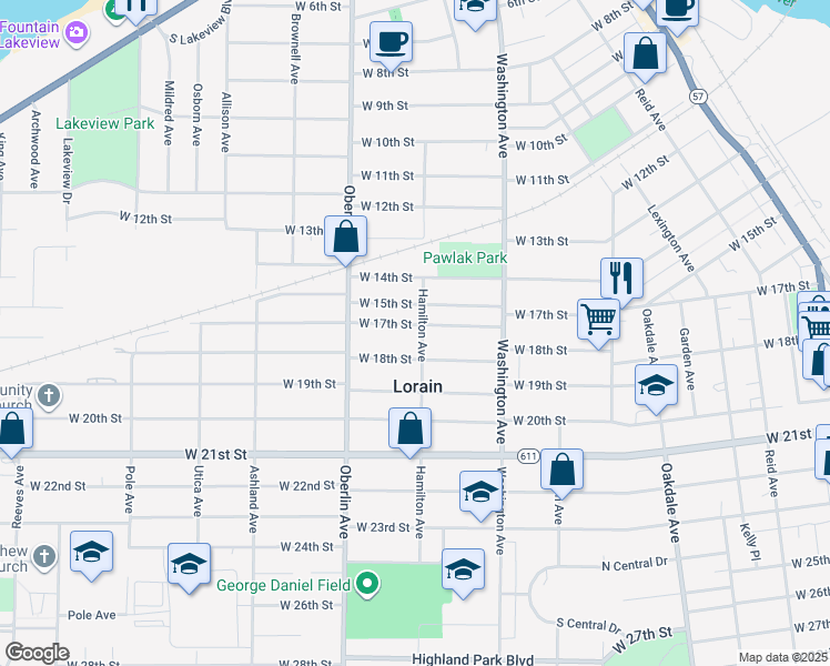map of restaurants, bars, coffee shops, grocery stores, and more near 1710 Hamilton Avenue in Lorain