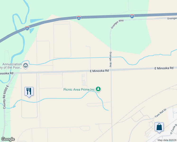 map of restaurants, bars, coffee shops, grocery stores, and more near 6070 East Minooka Road in Minooka