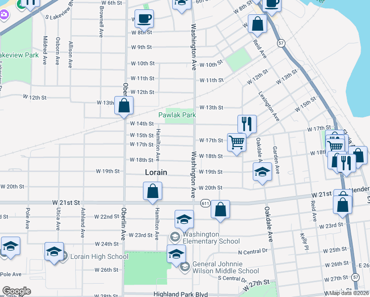 map of restaurants, bars, coffee shops, grocery stores, and more near 1015 West 17th Street in Lorain