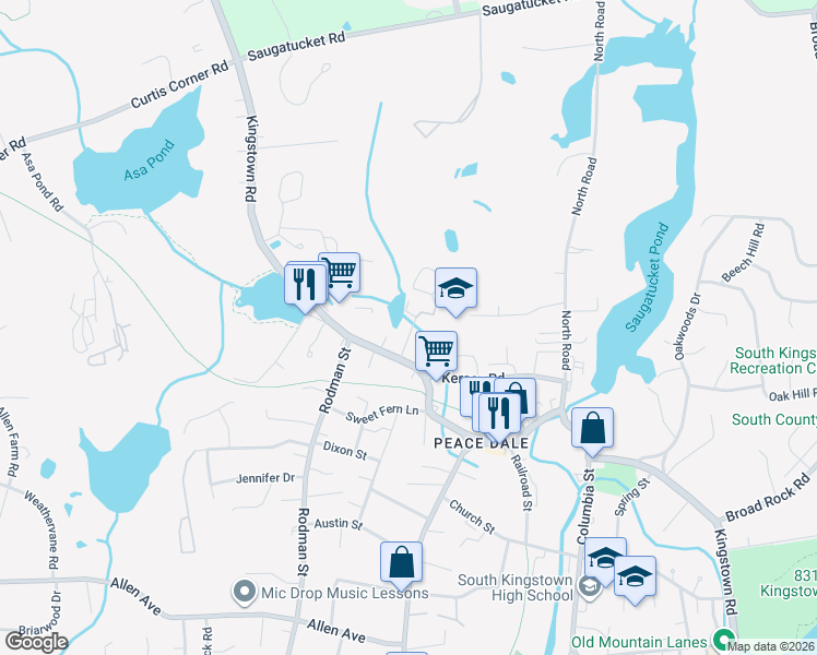 map of restaurants, bars, coffee shops, grocery stores, and more near 1343 Kingstown Road in South Kingstown