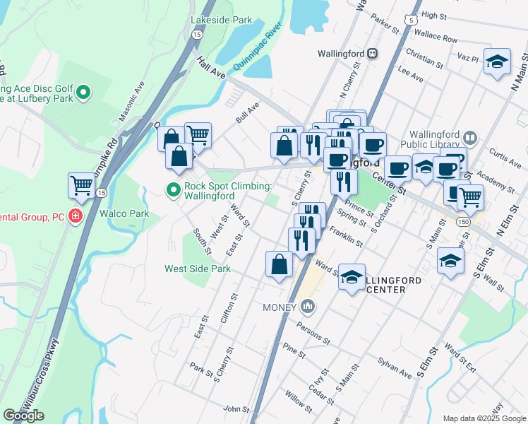 map of restaurants, bars, coffee shops, grocery stores, and more near 11 Washington Street in Wallingford