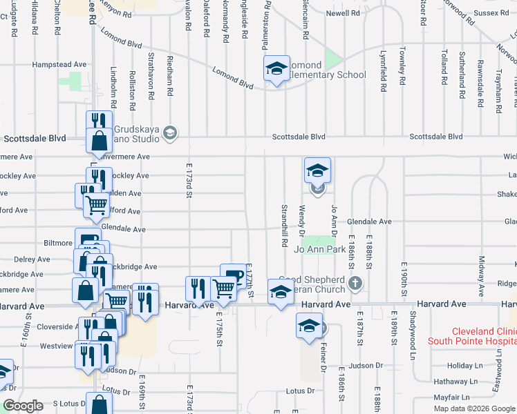 map of restaurants, bars, coffee shops, grocery stores, and more near 3871 East 177th Street in Cleveland