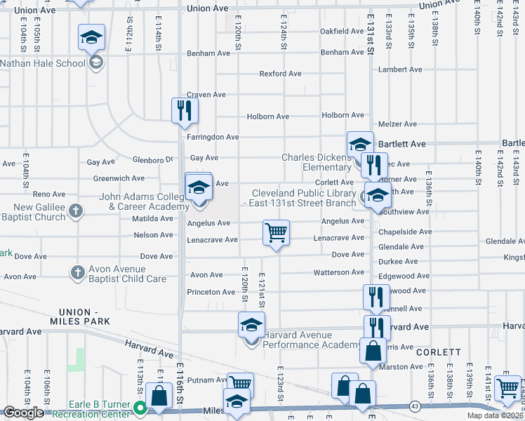 map of restaurants, bars, coffee shops, grocery stores, and more near 12017 Angelus Avenue in Cleveland