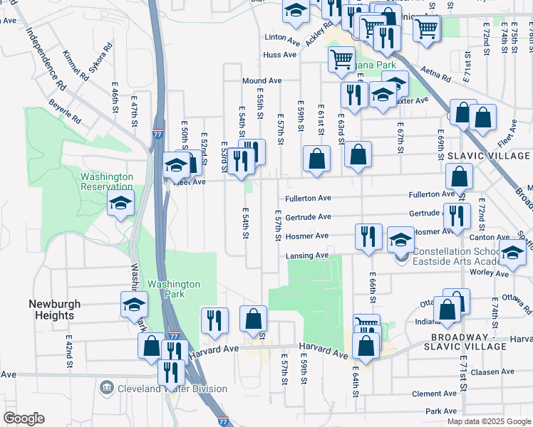 map of restaurants, bars, coffee shops, grocery stores, and more near 3826 East 55th Street in Cleveland