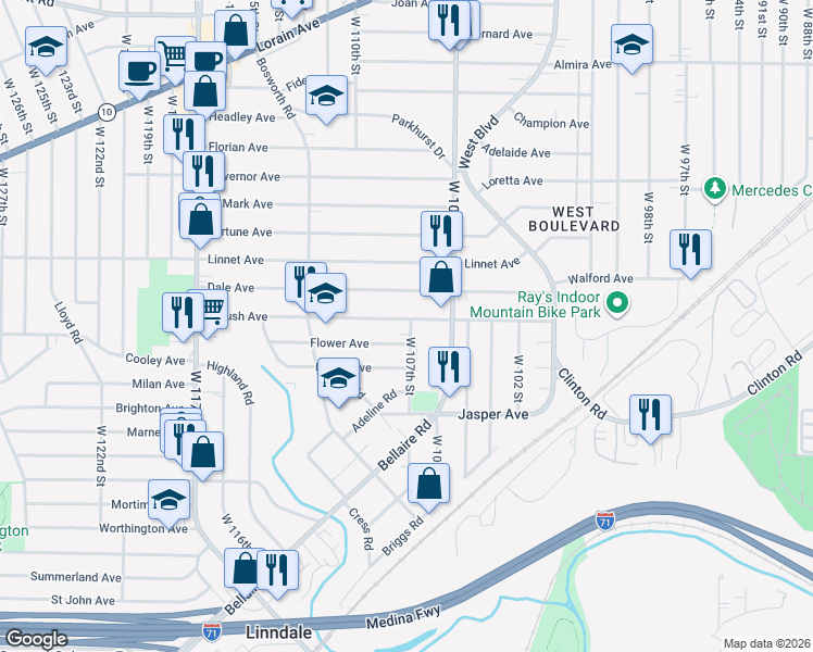 map of restaurants, bars, coffee shops, grocery stores, and more near 3614 West 107th Street in Cleveland