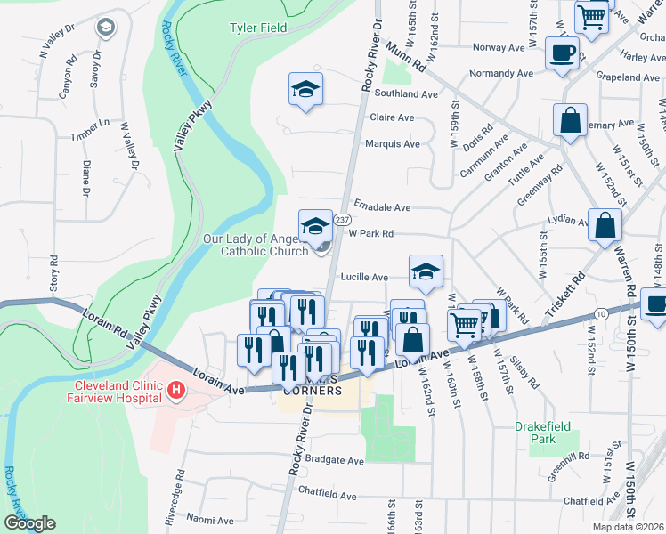 map of restaurants, bars, coffee shops, grocery stores, and more near 3659 Rocky River Drive in Cleveland