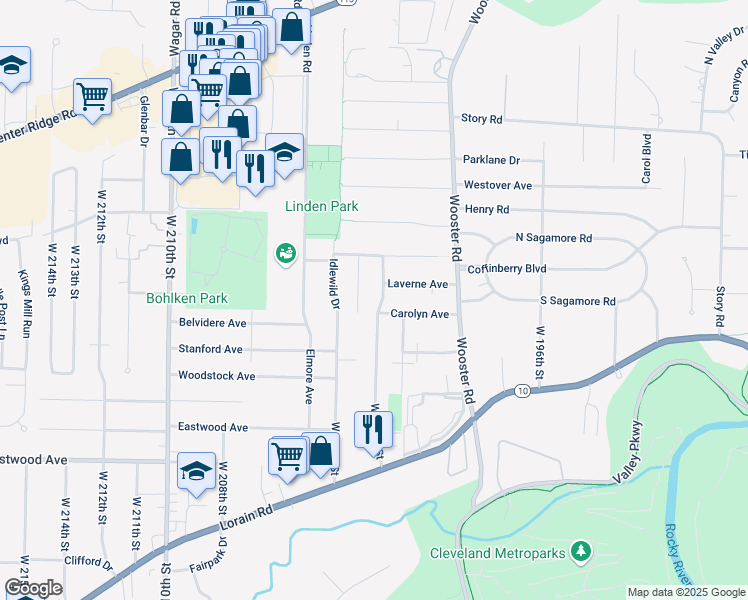 map of restaurants, bars, coffee shops, grocery stores, and more near 4216 West 202nd Street in Fairview Park