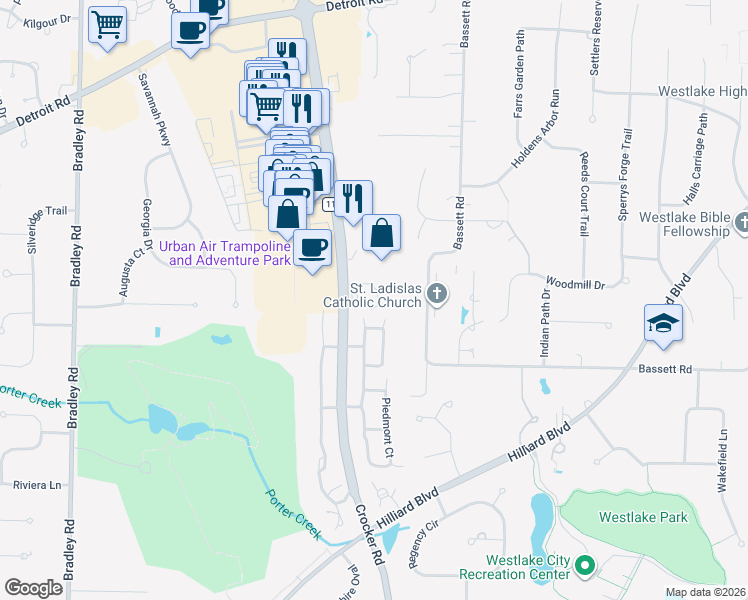 map of restaurants, bars, coffee shops, grocery stores, and more near 2345 Crocker Road in Westlake