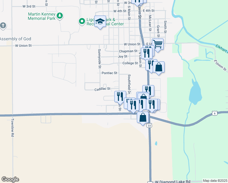 map of restaurants, bars, coffee shops, grocery stores, and more near 997 Southfield Drive in Ligonier